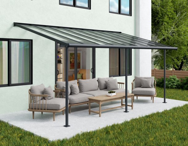 Grey Sierra patio cover, 3m x 6.2m, featuring an aluminum frame and clear polycarbonate panels, offering outdoor shade and weather protection