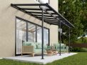 Grey Sierra patio cover, 2.2m x 4.5m, featuring a durable aluminum frame and clear polycarbonate roof panels for stylish outdoor weather protection