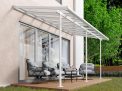 White Sierra patio cover, 2.2m x 4.5m, with an aluminum frame and clear polycarbonate roof panels for outdoor weather protection