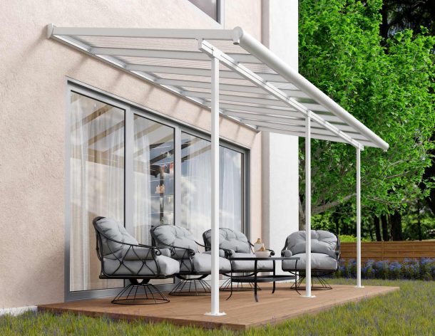 White Sierra patio cover, 2.2m x 4.5m, with an aluminum frame and clear polycarbonate roof panels for outdoor weather protection