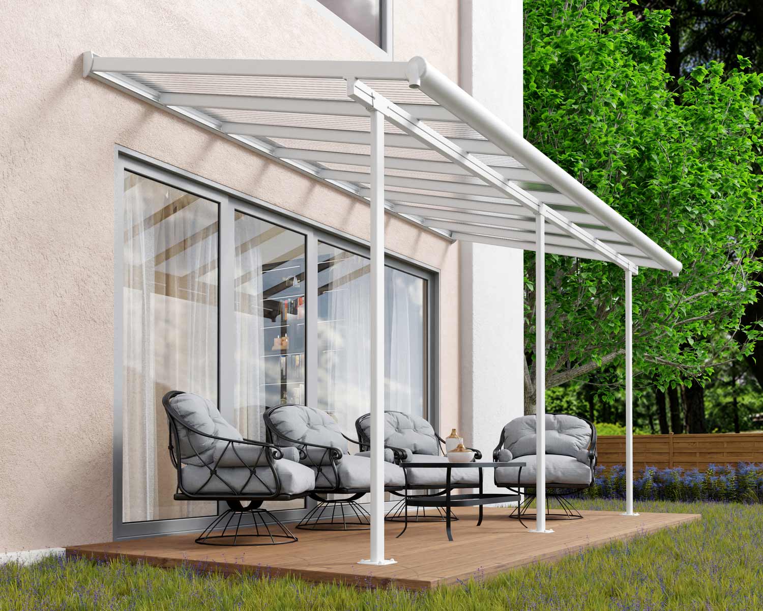 White Sierra patio cover, 2.2m x 4.5m, with an aluminum frame and clear polycarbonate roof panels for outdoor weather protection