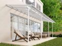White Sierra patio cover, 2.2m x 6.7m, featuring an aluminum frame and clear polycarbonate panels for reliable shade and weather protection