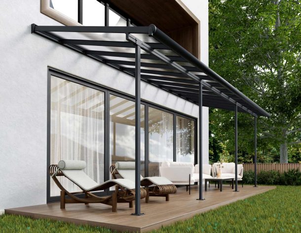Grey Sierra patio cover, 2.2m x 6.7m, with an aluminum frame and clear polycarbonate panels, offering outdoor shade and weather protection