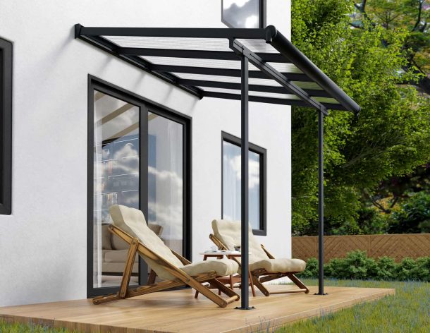 Grey Sierra patio cover, 2.2m x 2.3m, with a durable aluminum frame and clear polycarbonate panels for compact outdoor protection