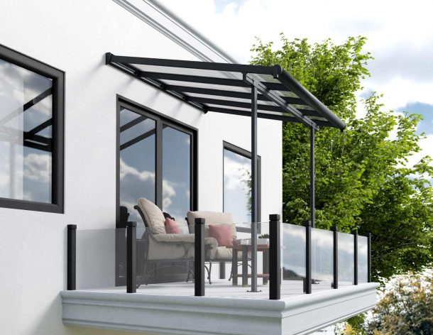 Grey Sierra patio cover, 2.2m x 2.3m, with a durable aluminum frame and clear polycarbonate panels for compact outdoor protection
