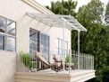White Sierra patio cover, 2.2m x 2.3m, with an aluminum frame and clear polycarbonate panels, offering shade and weather protection