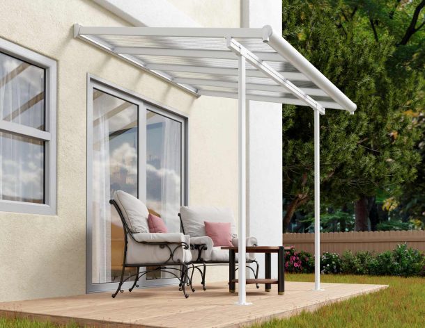 White Sierra patio cover, 2.2m x 2.3m, with an aluminum frame and clear polycarbonate panels, offering shade and weather protection