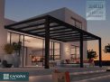 Grey Stockholm patio cover, 3.4m x 6.6m, with an aluminum frame and clear polycarbonate panels, offering reliable shade and weather protection