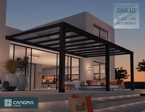 Grey Stockholm patio cover, 3.4m x 6.6m, with an aluminum frame and clear polycarbonate panels, offering reliable shade and weather protection