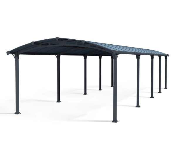 12ft x 35ft Arcadia carport with a grey aluminum frame and a durable polycarbonate roof, designed for superior protection and modern style