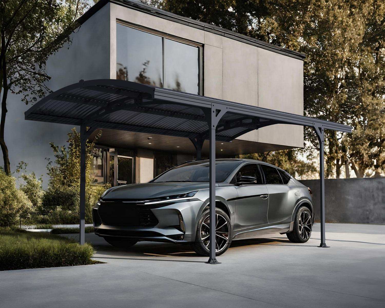 10ft x 16ft grey Atlas carport with an aluminium frame and polycarbonate roof, featuring a modern design with an electric car parked underneath