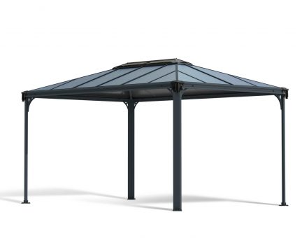 Charming Martinique 4.3m x 3m grey garden gazebo with a sleek slanted roof and durable polycarbonate panels