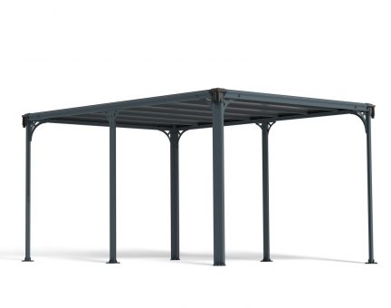 Elegant Milano 4.3m x 3m grey garden gazebo featuring a modern design, slanted roof, and durable polycarbonate panels