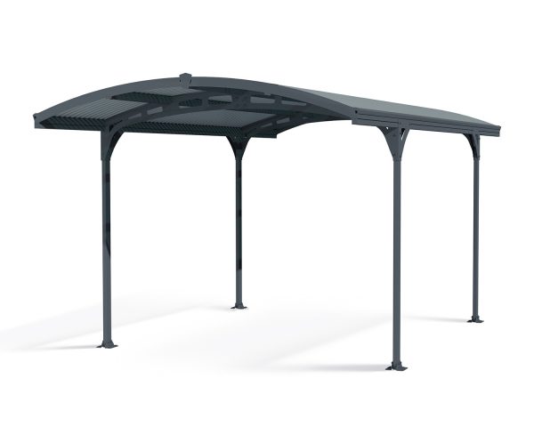 10ft x 16ft grey Atlas carport featuring a robust aluminium frame and durable polycarbonate roof, offering sleek and reliable protection for vehicles