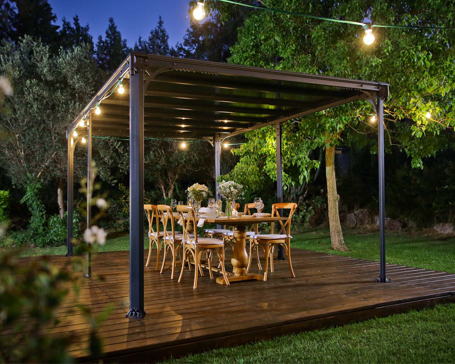 Elegant Milano 4.3m x 3m grey garden gazebo featuring a modern design, slanted roof, and durable polycarbonate panels