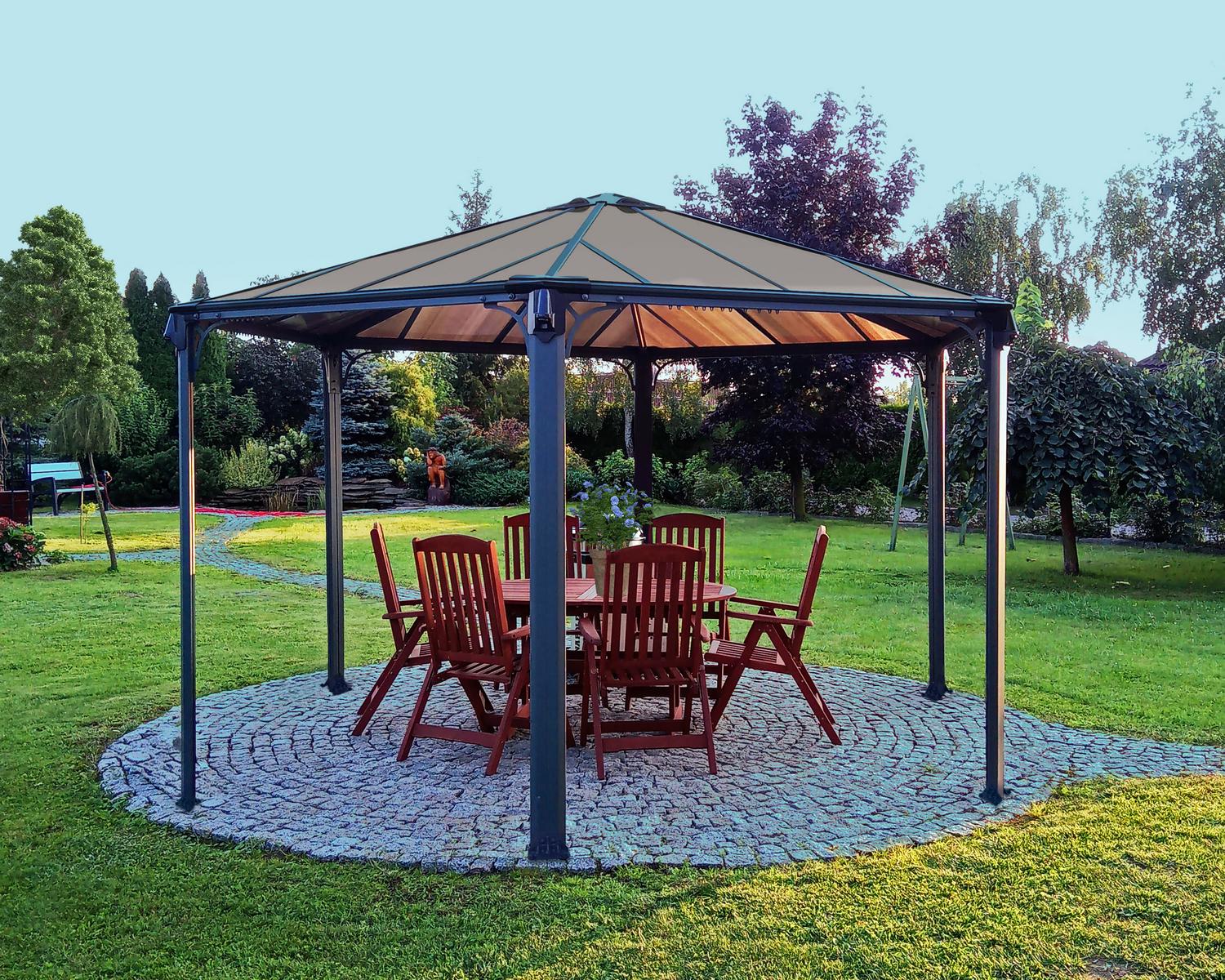 Sleek Monaco 3.9m x 4.5m grey garden gazebo with contemporary design and durable polycarbonate panels in an outdoor setting