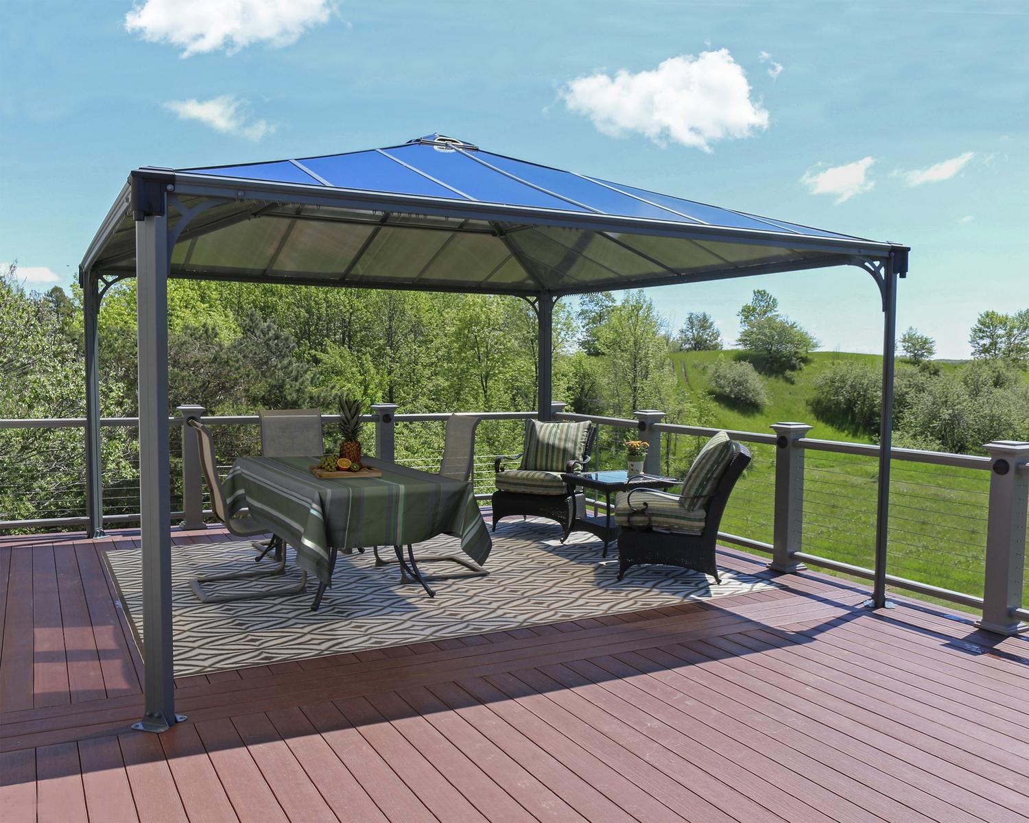 Palermo 4.3 x 4.3m grey garden gazebo with a sleek design, slanted roof, and durable polycarbonate panels, with two people dining underneath