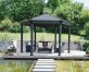 Hexagon gazebo on garden patio with garden furniture