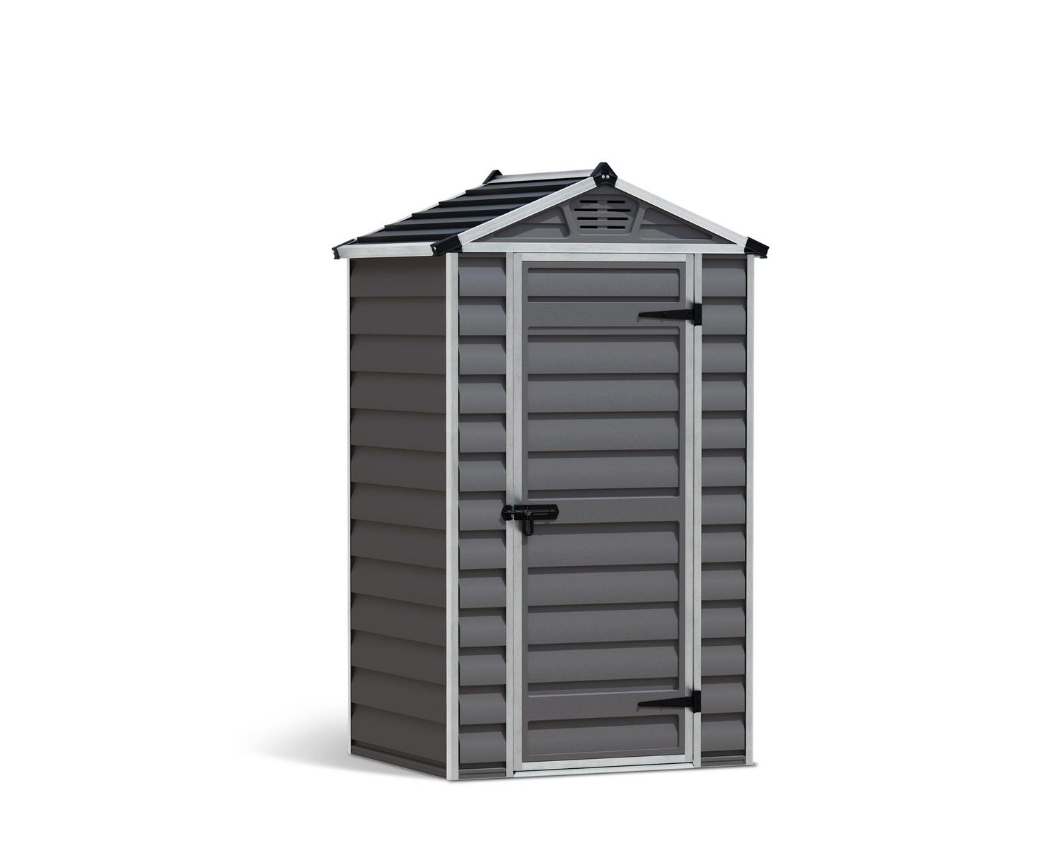 4ft x 3ft grey Skylight garden shed with a strong aluminum frame and polycarbonate panels, featuring a compact design