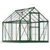 6ft x 10ft green Harmony greenhouse, featuring a sleek aluminum frame and clear polycarbonate panels