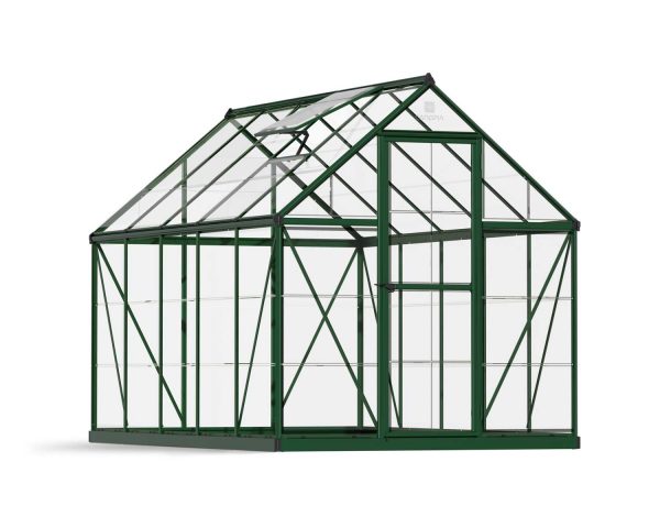 6ft x 10ft green Harmony greenhouse, featuring a sleek aluminum frame and clear polycarbonate panels