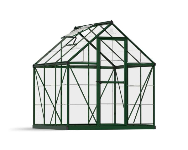 6ft x 6ft green Harmony greenhouse with clear polycarbonate panels and an aluminum frame