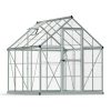 6ft x 8ft silver Harmony greenhouse featuring clear polycarbonate panels and a durable aluminum frame, offering a stylish space for your plants