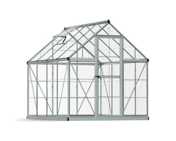 6ft x 8ft silver Harmony greenhouse featuring clear polycarbonate panels and a durable aluminum frame, offering a stylish space for your plants