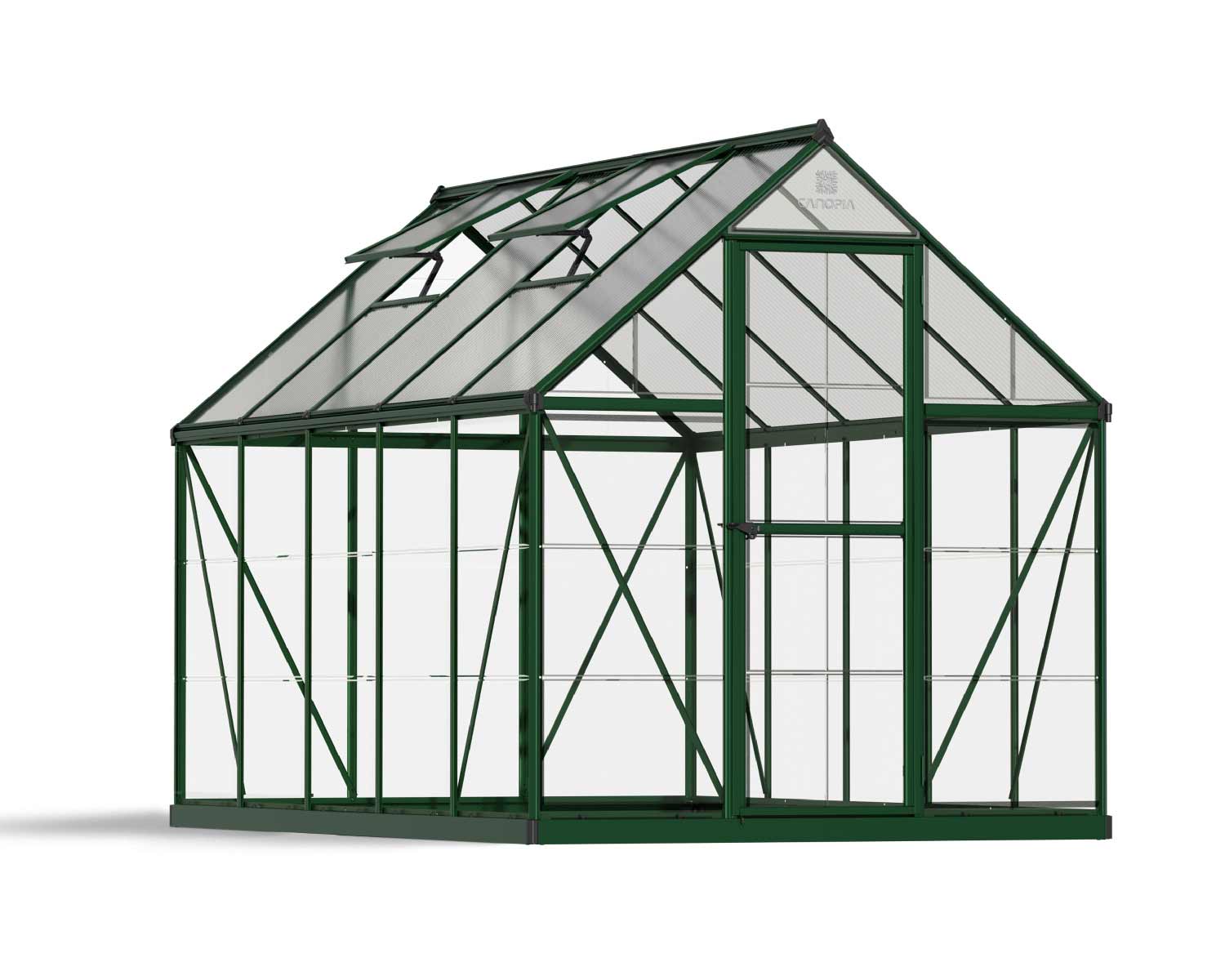 6ft x 10ft green Hybrid greenhouse with transparent polycarbonate panels and a durable aluminum frame