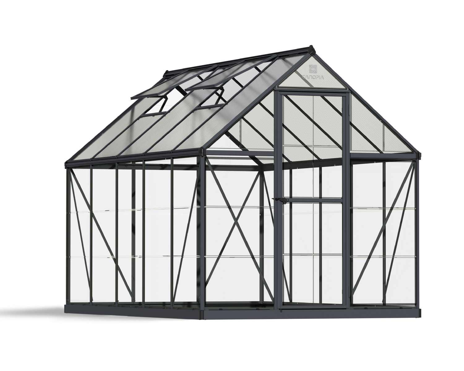 Elegant 6ft x 10ft grey Hybrid greenhouse with clear polycarbonate panels and a durable aluminum frame