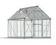 6ft x 10ft silver Hybrid greenhouse with clear polycarbonate panels and an aluminum frame, showcasing a modern and sleek design