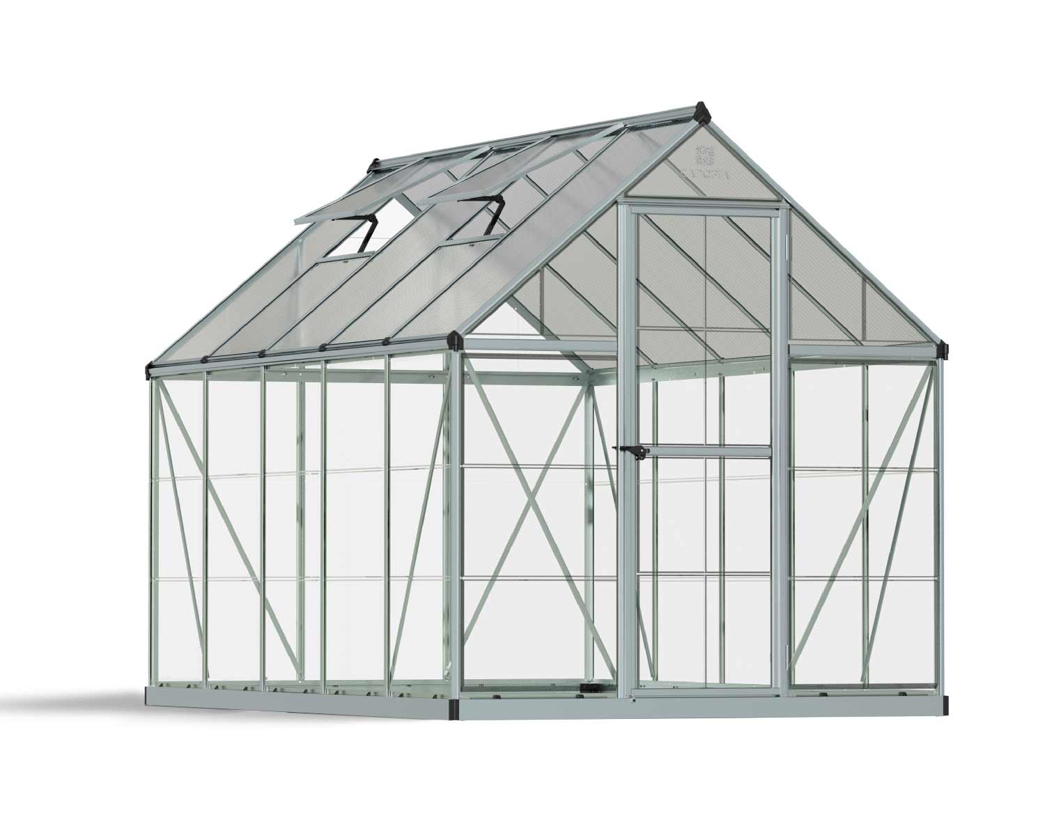 6ft x 10ft silver Hybrid greenhouse with clear polycarbonate panels and an aluminum frame, showcasing a modern and sleek design