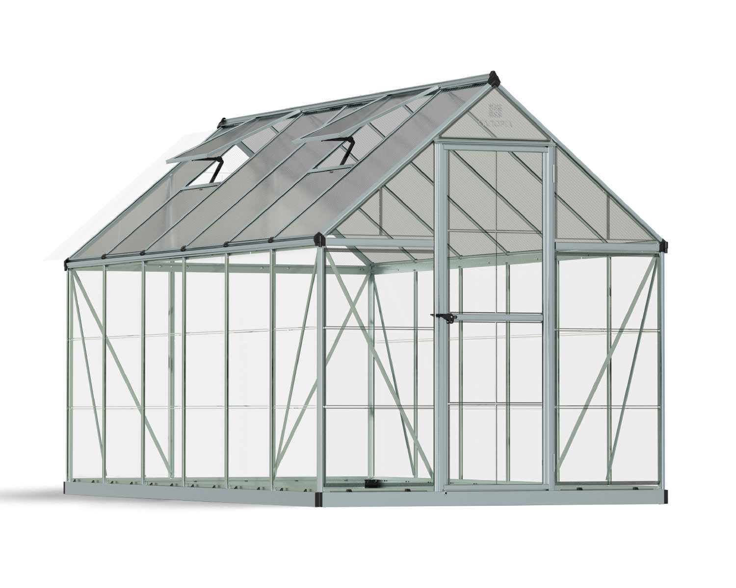 6ft x 12ft silver Hybrid greenhouse with clear polycarbonate panels and an aluminum frame, showcasing a spacious and modern structure