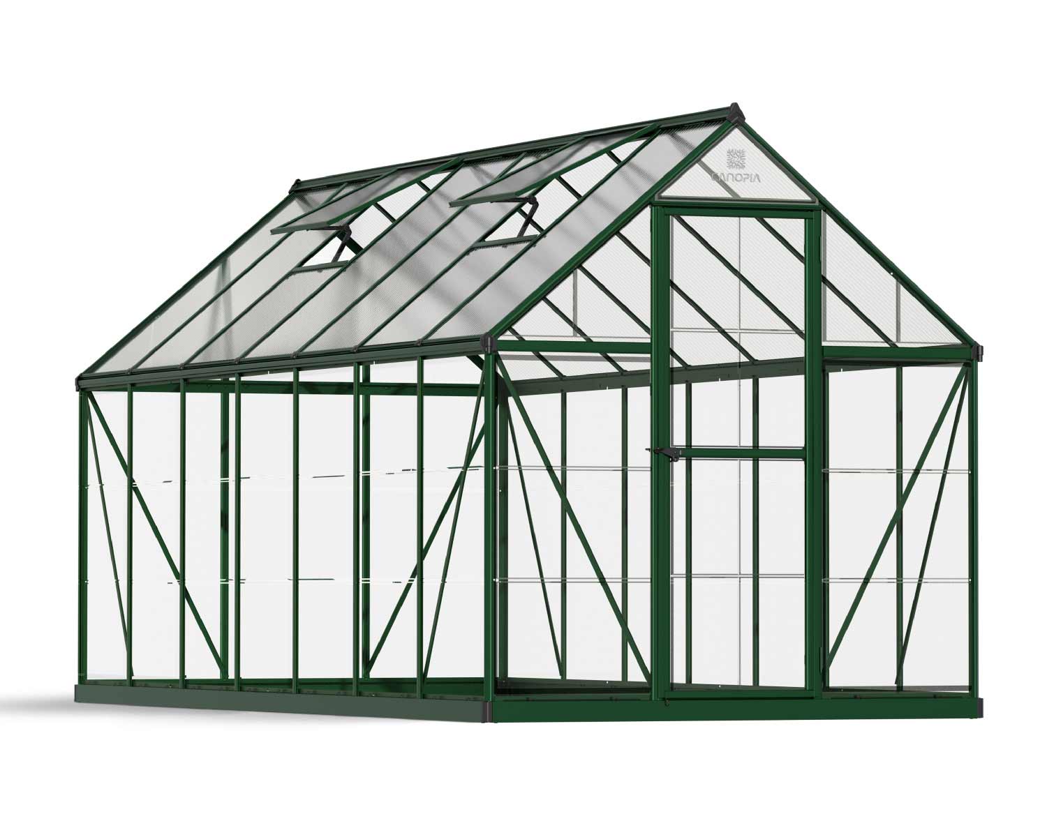 6ft x 14ft green Hybrid greenhouse with clear polycarbonate panels and an aluminum frame