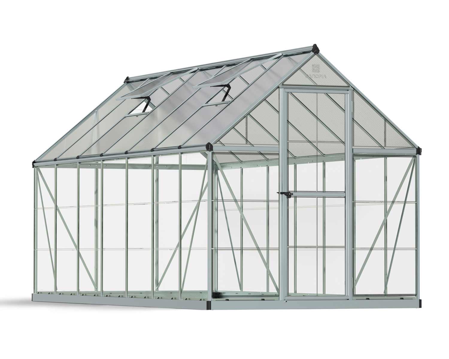 6ft x 14ft silver Hybrid greenhouse with clear polycarbonate panels and an aluminum frame