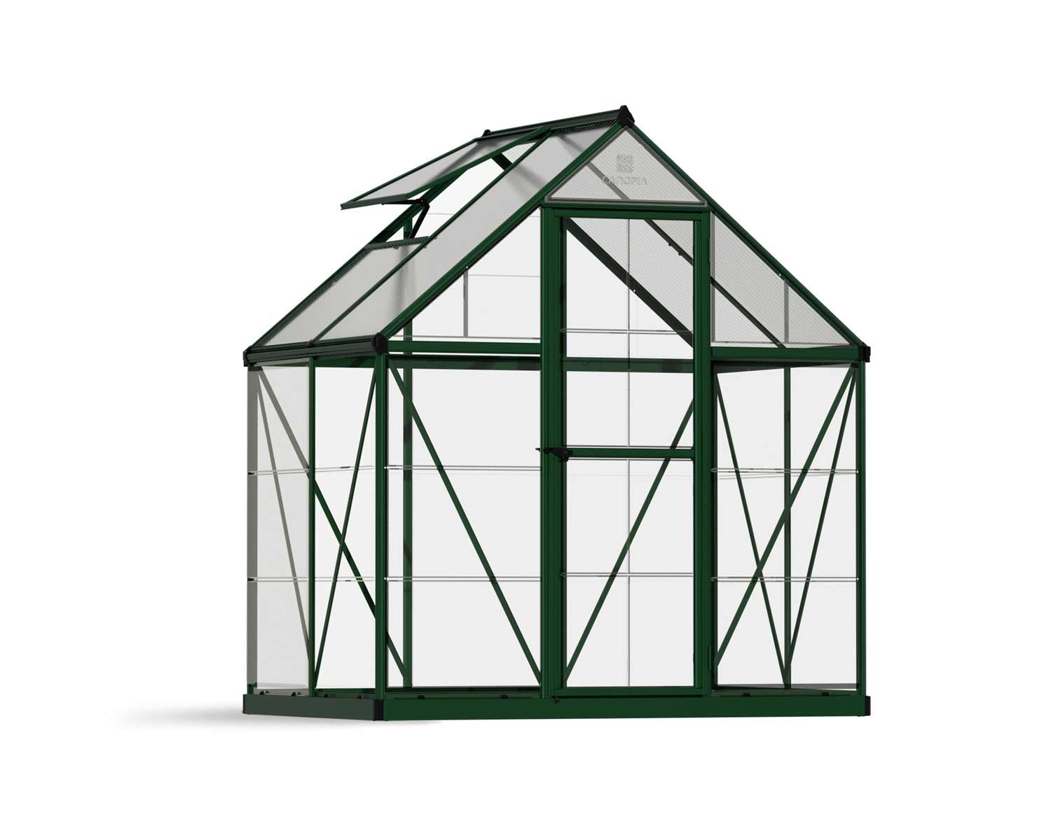 6ft x 4ft green Hybrid greenhouse with a sturdy aluminum frame and clear polycarbonate panels