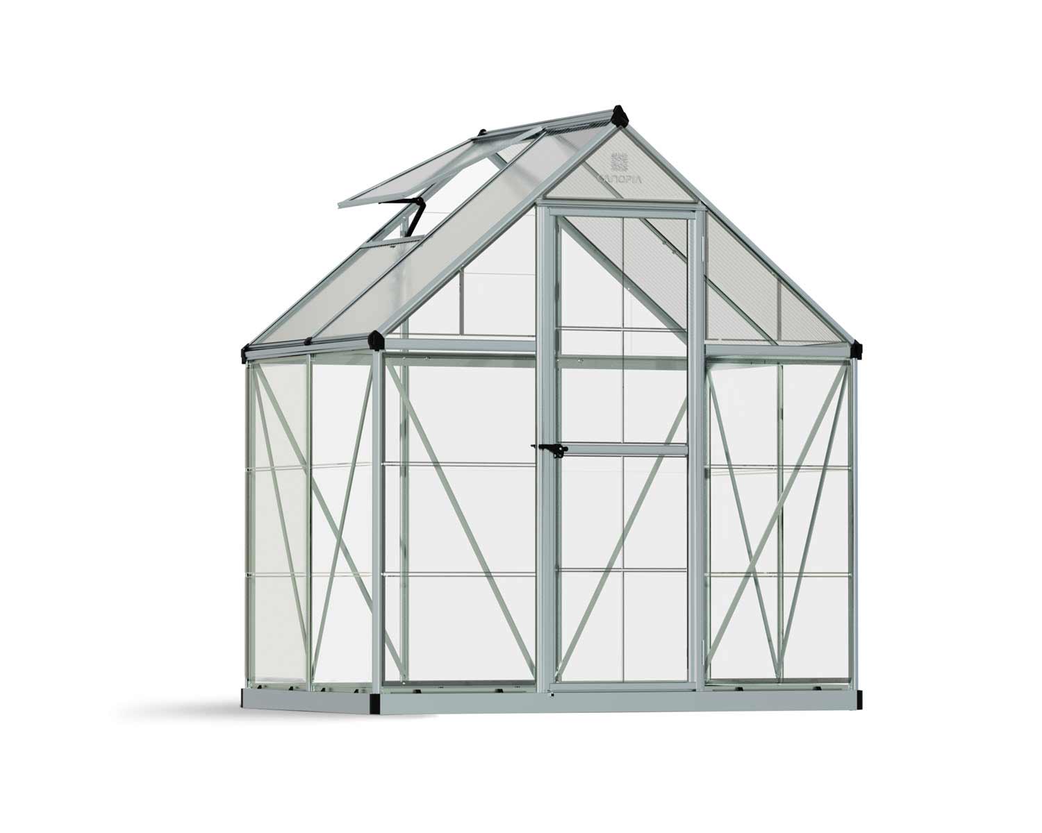 Compact 6ft x 4ft silver Hybrid greenhouse, featuring clear polycarbonate panels and a sleek aluminum frame