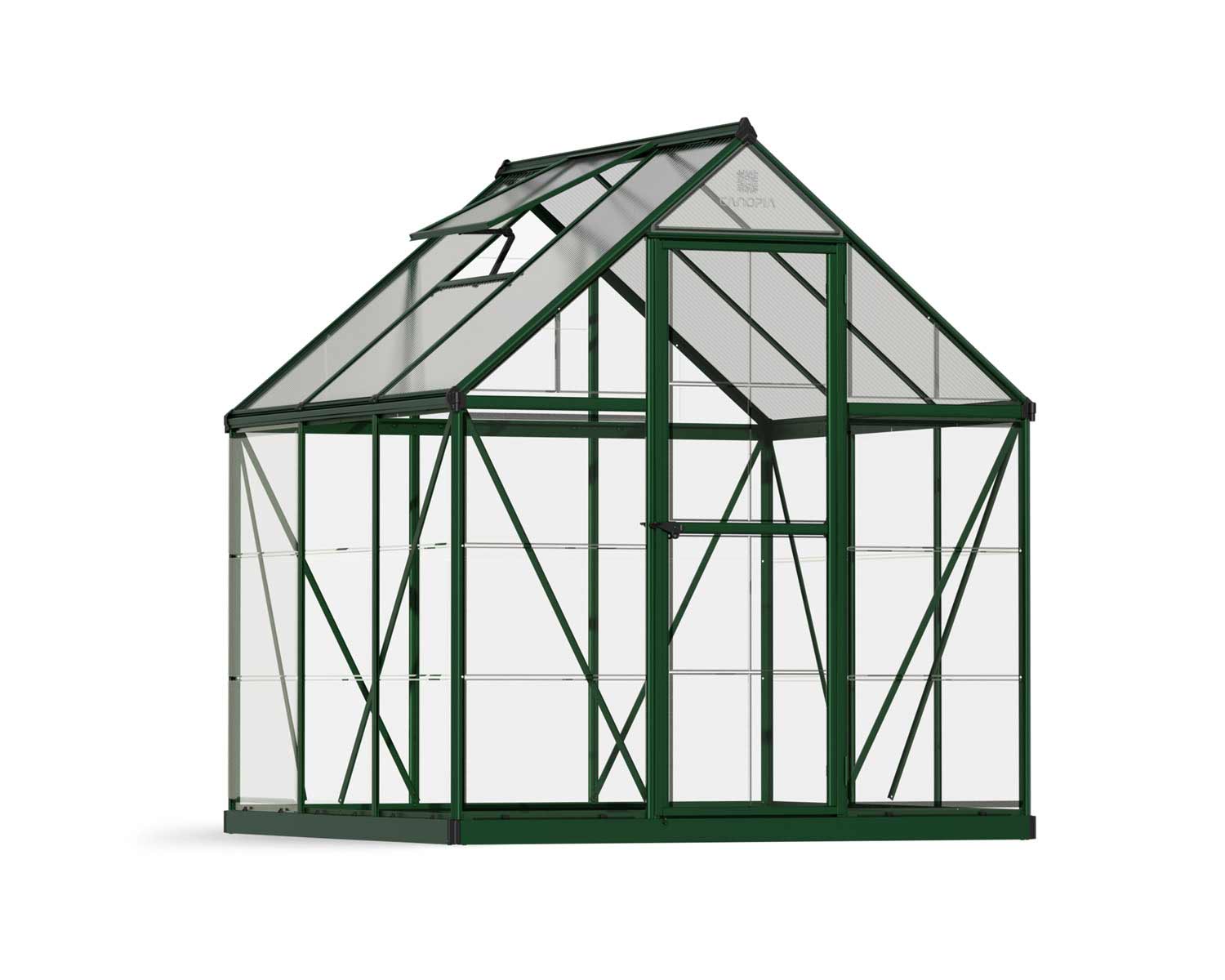 6ft x 6ft green Hybrid greenhouse featuring clear polycarbonate panels and a durable aluminum frame