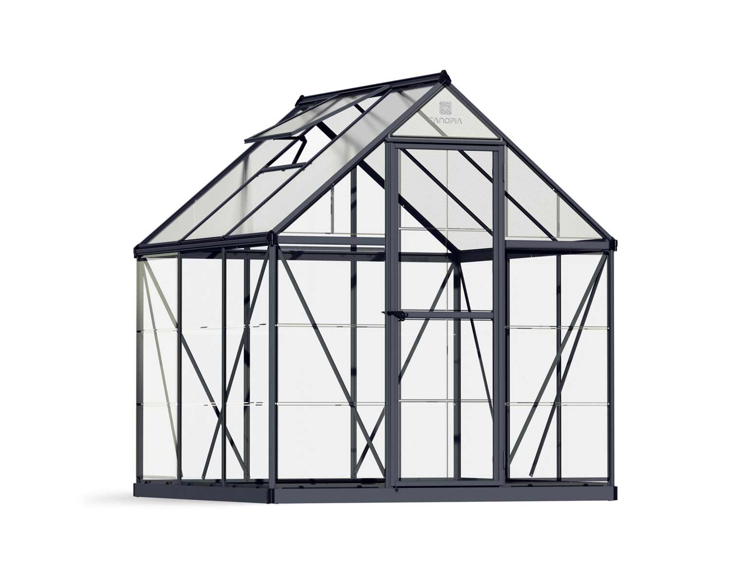 6ft x 6ft grey Hybrid greenhouse crafted with robust aluminum framing and crystal-clear polycarbonate panels, perfect for nurturing your plants