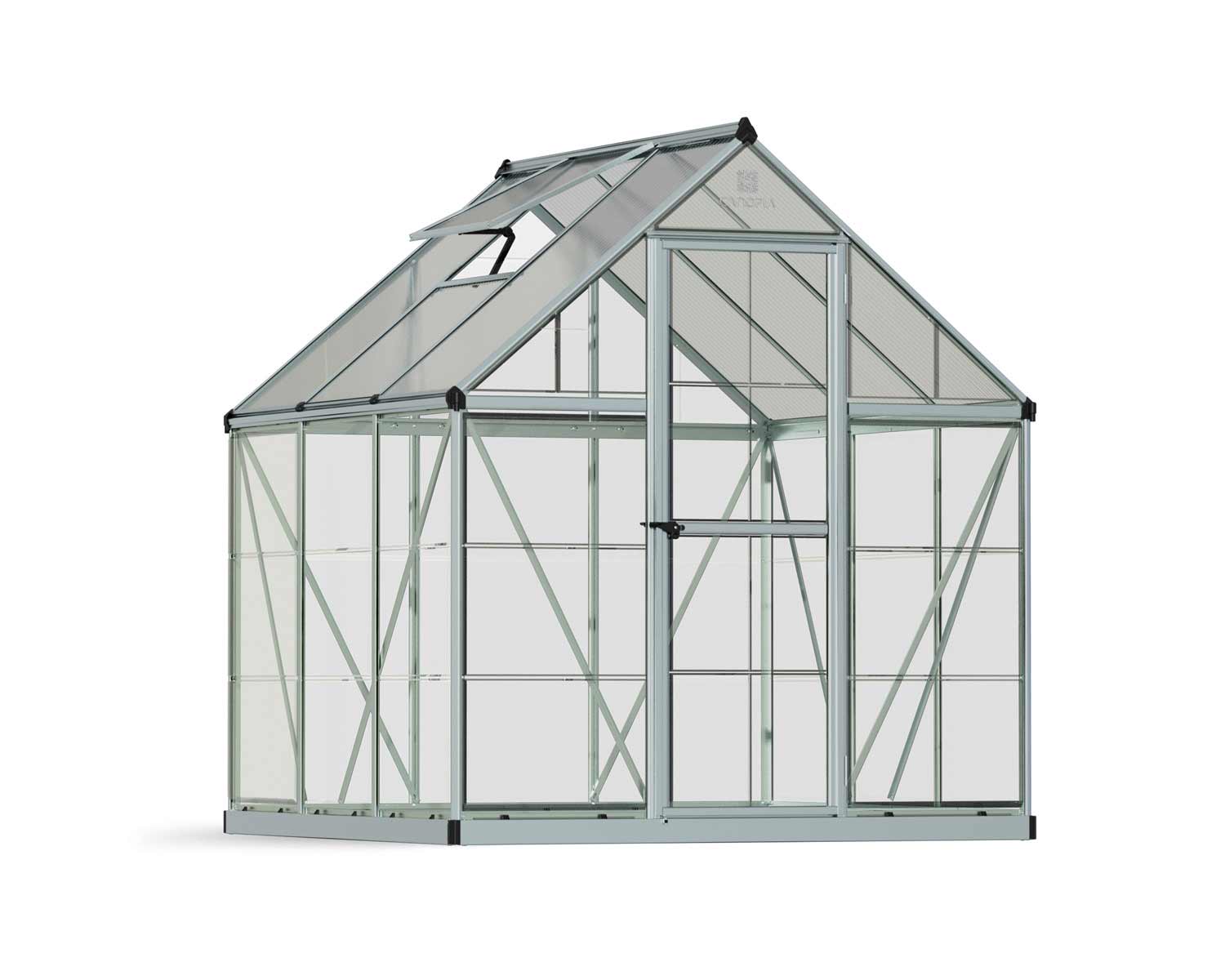 6ft x 6ft silver Hybrid greenhouse featuring a robust aluminum frame and clear polycarbonate panels, ideal for cultivating plants