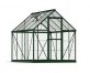 6ft x 8ft green Hybrid greenhouse featuring an aluminum frame and clear polycarbonate panels, perfect for nurturing plants year-round