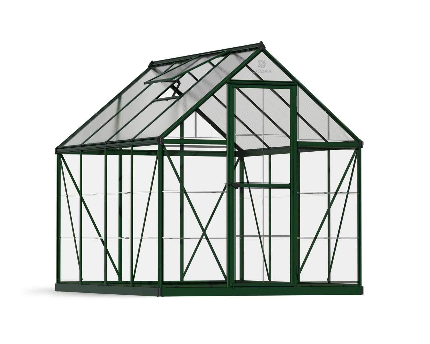 6ft x 8ft green Hybrid greenhouse featuring an aluminum frame and clear polycarbonate panels, perfect for nurturing plants year-round