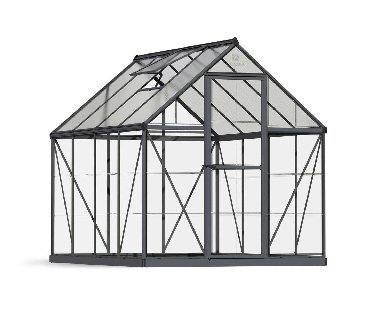 6ft x 8ft grey Hybrid greenhouse featuring a sturdy aluminum frame and clear polycarbonate panels