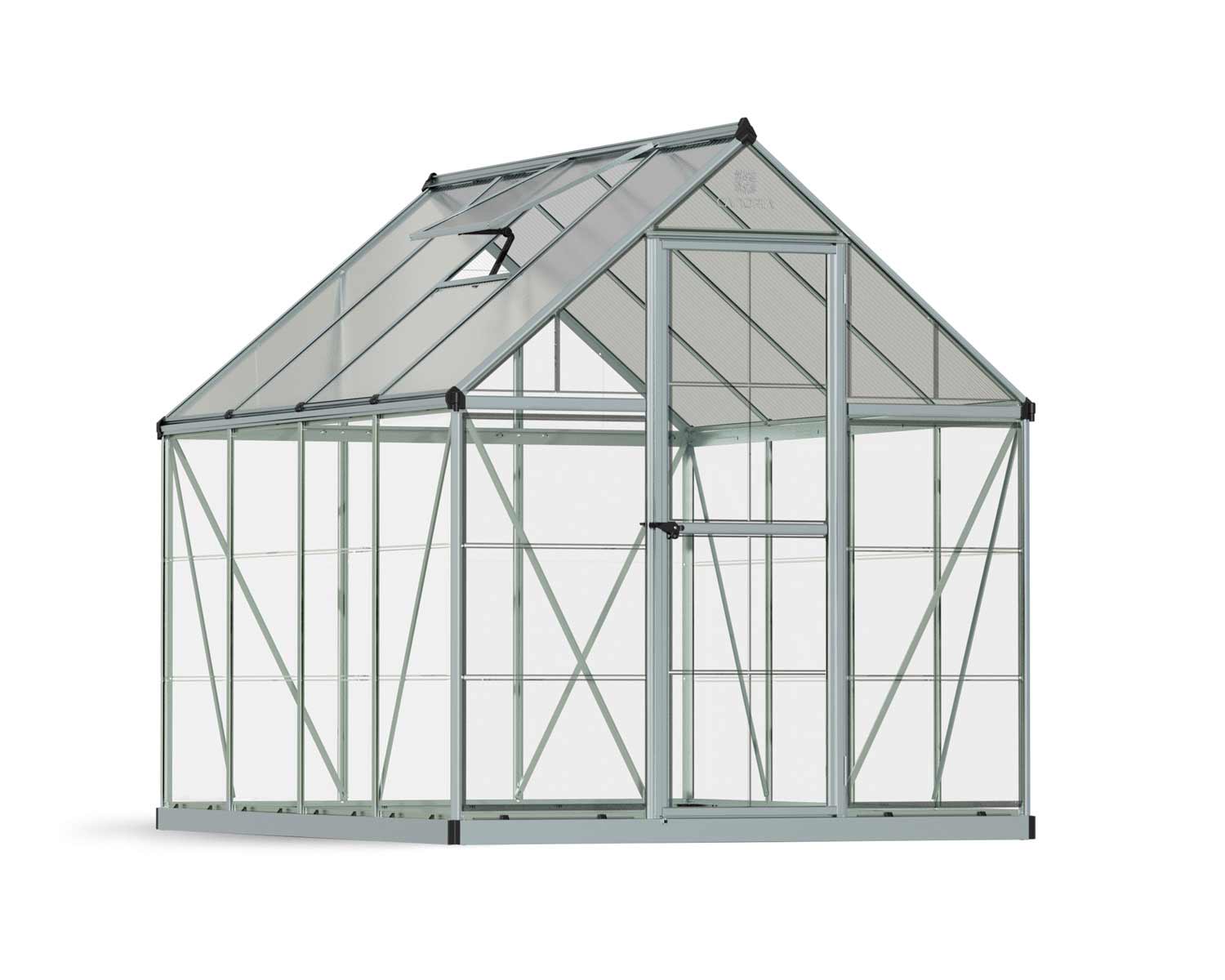 6ft x 8ft silver Hybrid greenhouse with clear polycarbonate panels and an aluminum frame