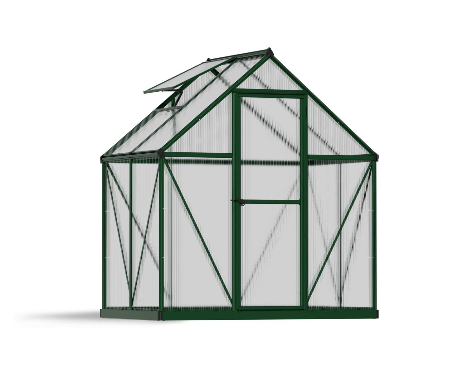 6ft x 4ft green Mythos greenhouse with aluminum framing and multi-wall polycarbonate panels