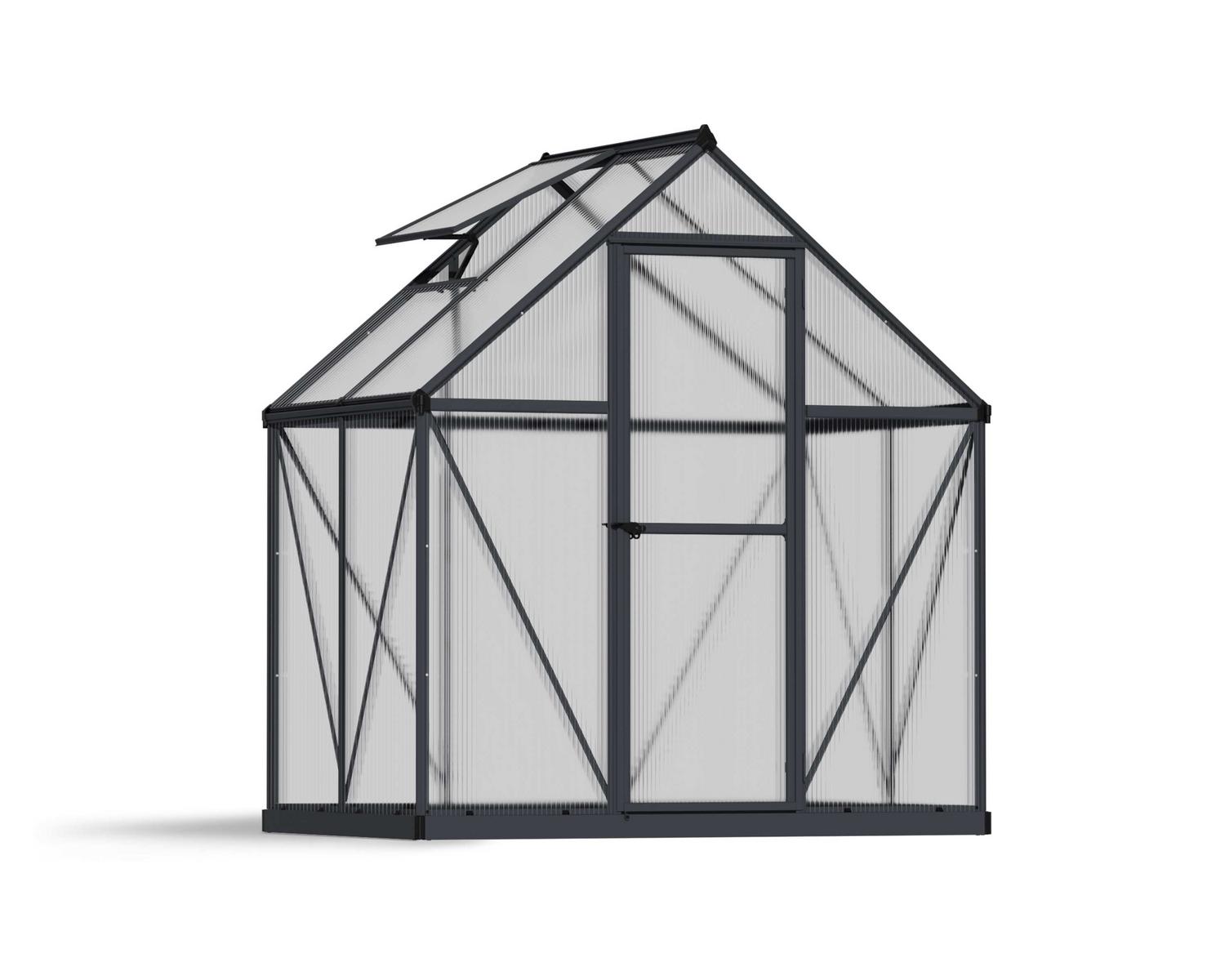 stylish 6ft x 4ft grey Mythos greenhouse, featuring multi-wall polycarbonate panels and a sturdy aluminum frame