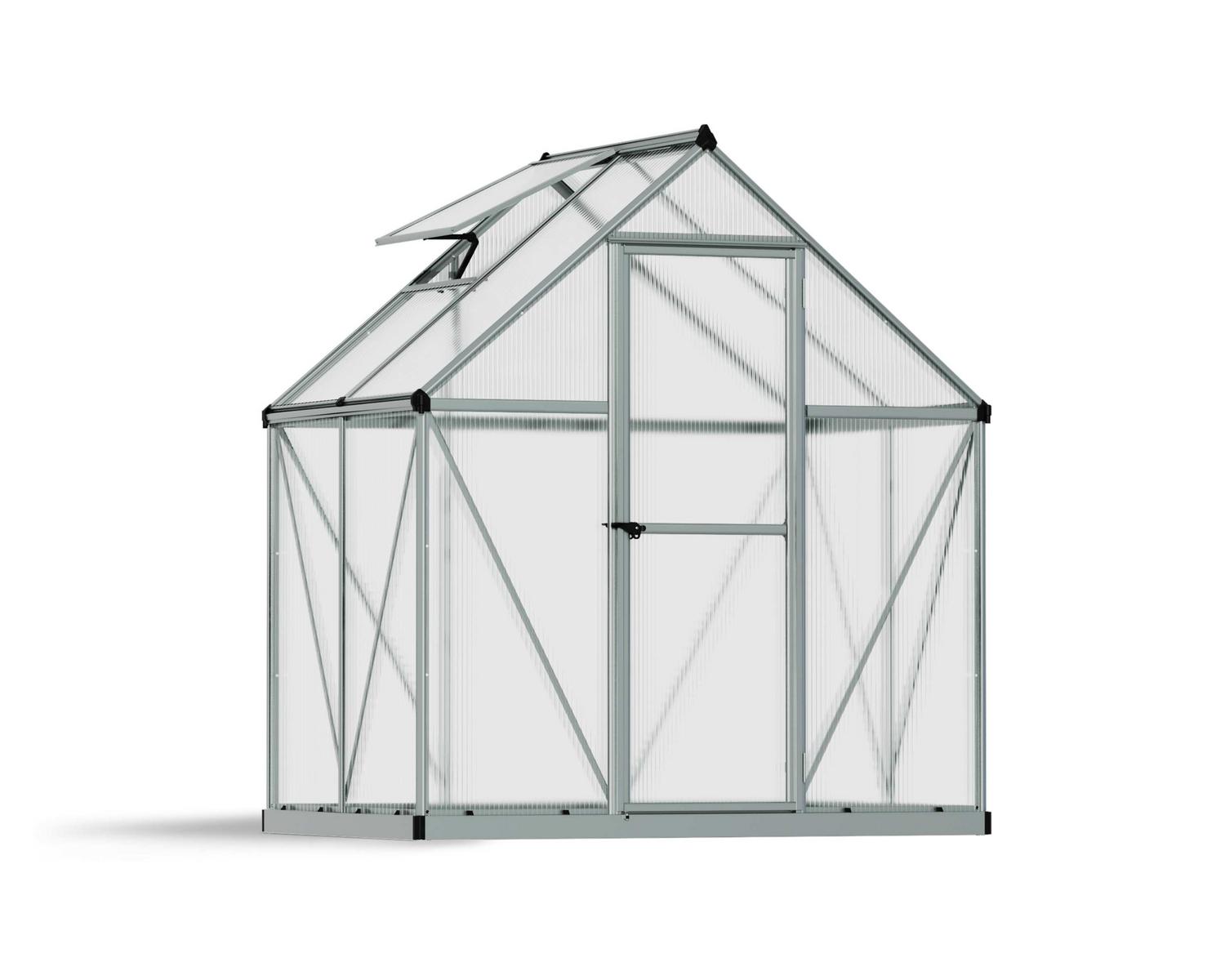 6ft x 4ft silver Mythos greenhouse with multi-wall polycarbonate panels and an aluminum frame, designed for durability and efficiency