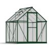 6ft x 6ft green Mythos greenhouse with multi-wall polycarbonate panels and an aluminum frame