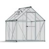 6ft x 6ft silver Mythos greenhouse with multi-wall polycarbonate panels and an aluminum frame