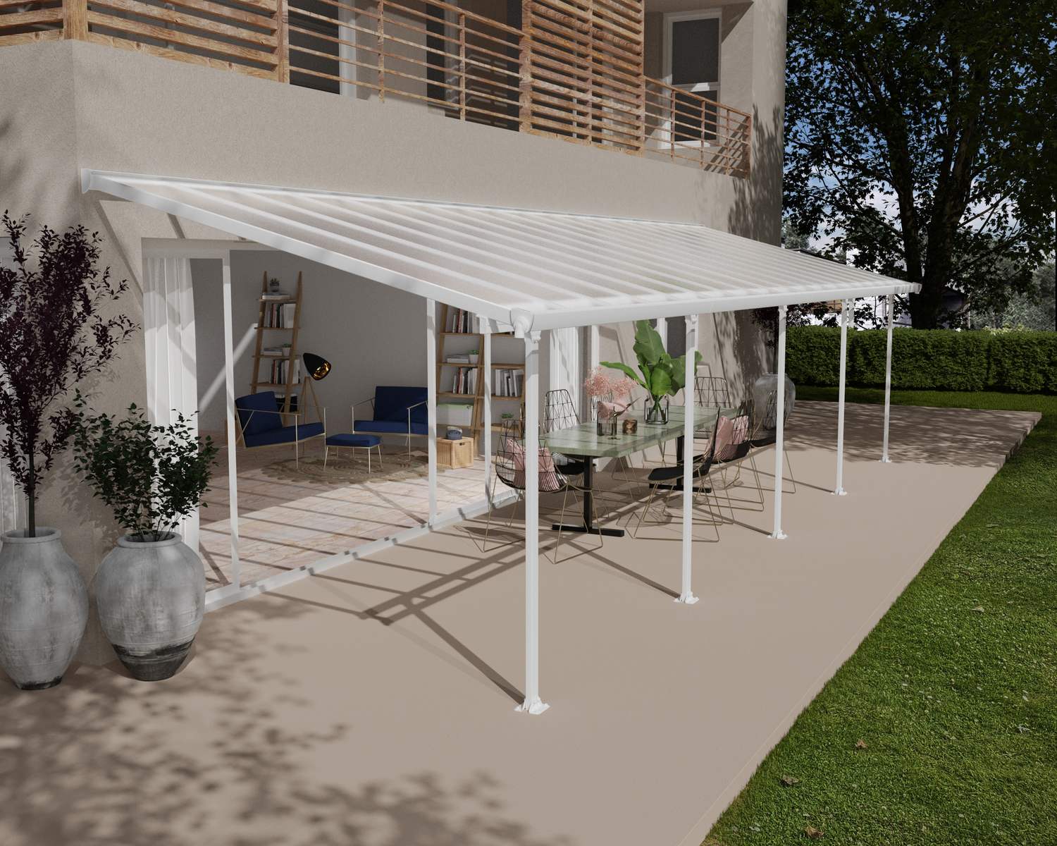 White 3m x 9.7m Feria patio cover with an aluminum frame and clear polycarbonate panels, offering shade and weather protection